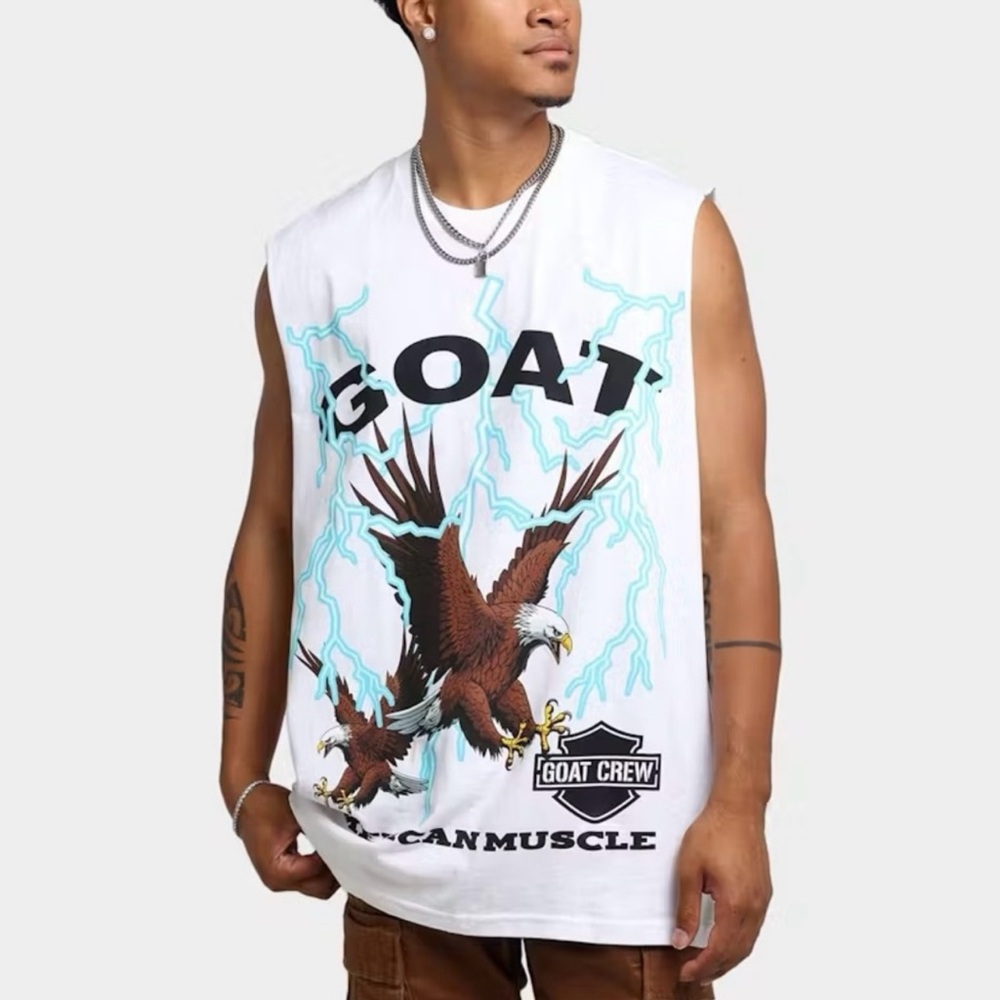 Mens Goat Crew American Vintage Graphic Muscle Sleeveless T-Shirt - White Size L